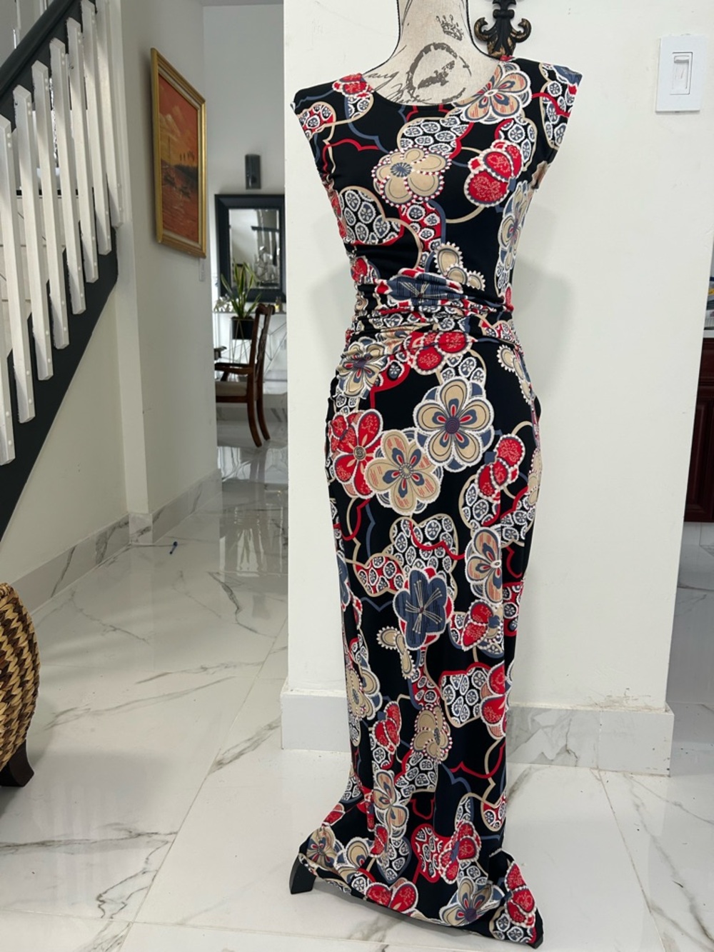 Rachael & Chloe Black Maxi Stretch Dress with Red and Cream Floral Motif Size M